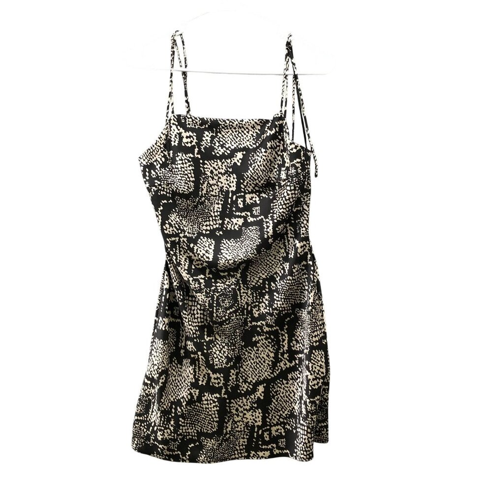 Zara Satin Slip Dress Womens S Black Cream Printed Mini Tie Strap